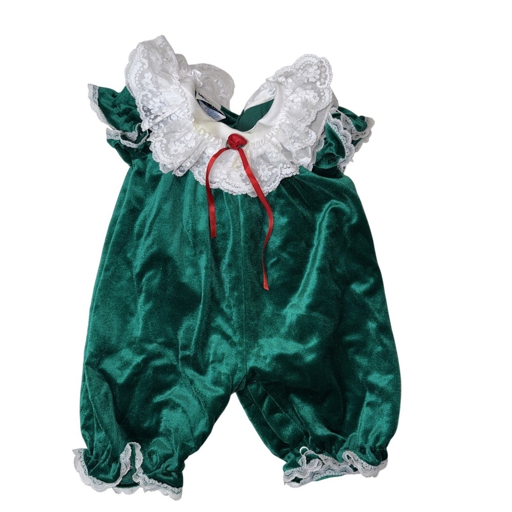 VGT Jo Lene Baby Romper Green Velvet Lace Collar Bubble Holiday 0-6M Coquette